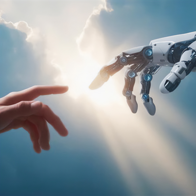 Human hand reaches out for robotic hand on sky background
