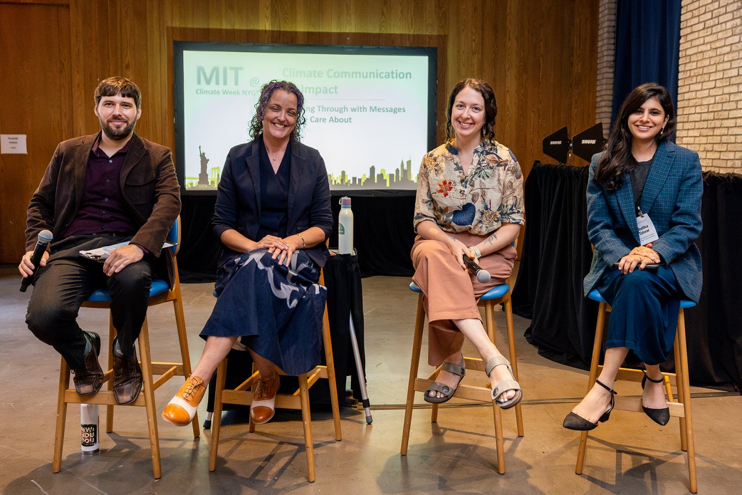 Aaron Krol, managing editor of the MIT Climate Change Engagement Program, led MIT’s Climate Week NYC session “Climate Communication for Impact,” which featured (left to right) Allison Crimmons of Talking Climate, Arielle Tannenbaum of Climate Central, and Mallika Talwar of Yale University.