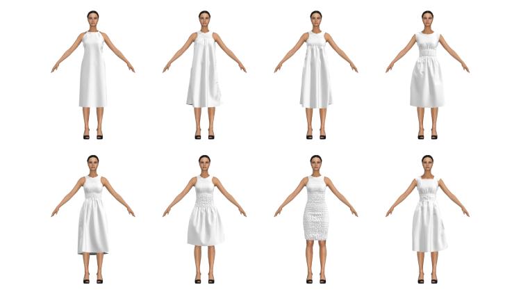 Eight models wearing white dresses