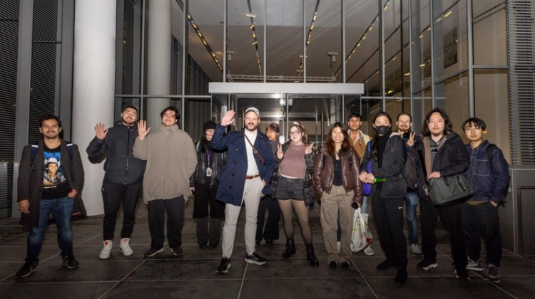 group of students in building lobby