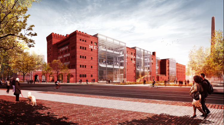 Architect's rendering of large, rectangular brick building with large glass window openings. Street view.