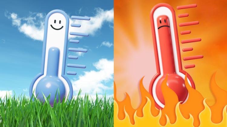 Illustration showing two thermometers side by side. The left thermometer is blue with a smiling face, surrounded by grass and blue sky, representing cool weather. The right thermometer is red with a frowning face, set against flames and an orange background, symbolizing extreme heat.