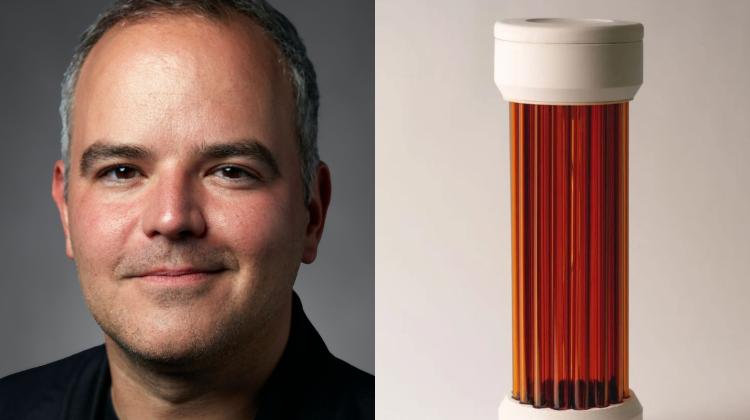 Side-by-side image showing a portrait of a person on the left and a cylindrical design object on the right. The portrait features a person with a neutral expression against a gray background. The adjacent object is a tall cylinder composed of vertical amber-colored tubes with white caps on both ends, suggesting a prototype or design artifact.