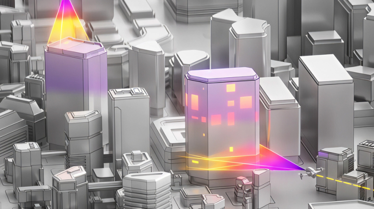 black and white image of city with one colored purple and yellow