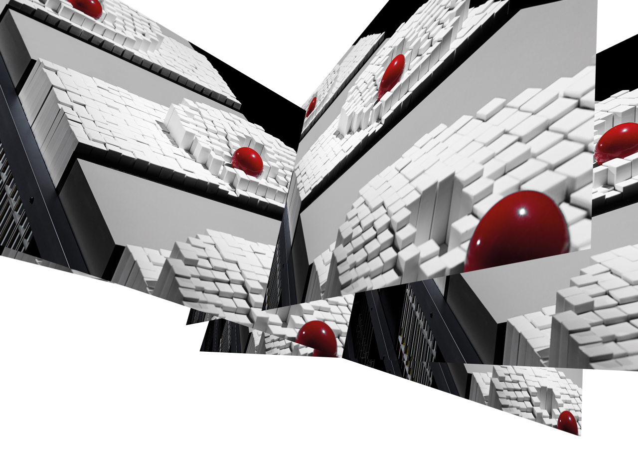 Render of white modular blocks topped with glossy red spheres, split across angled planes.