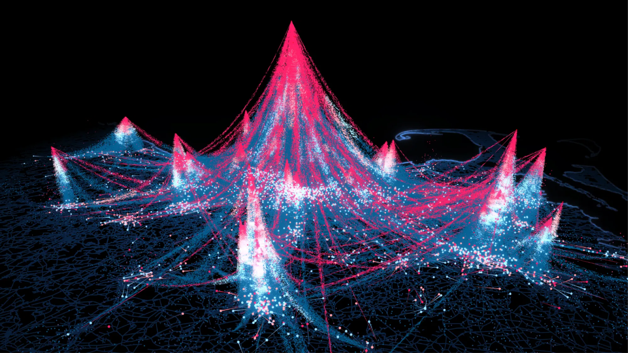 Red and blue data visualization with dots on black background. 