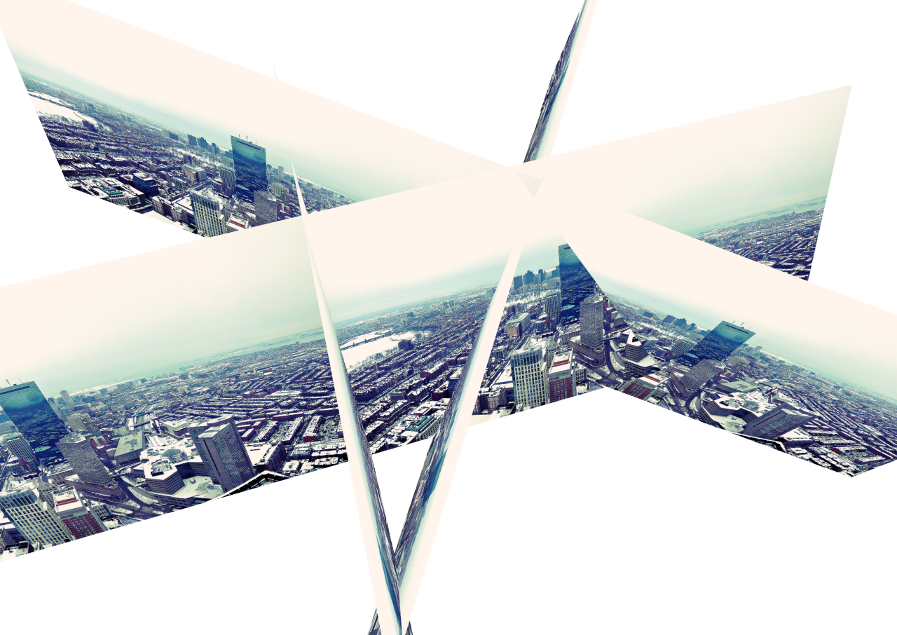 Aerial photo of a dense city of high-rise towers, fractured and mirrored across angled planes.