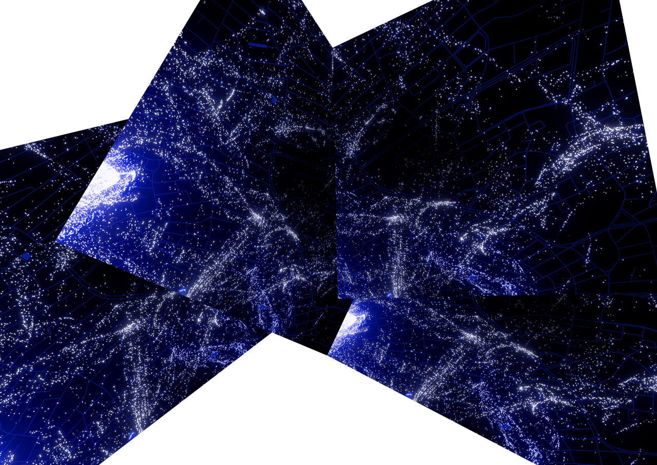 lowing points of city light on a dark map, broken across angled planes.