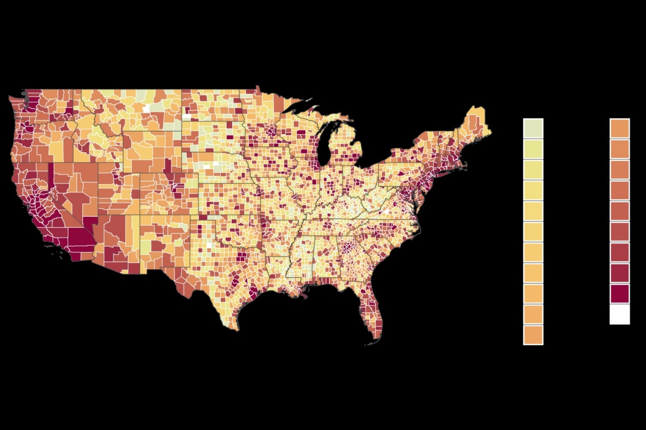 County-level shares of Asian residents in the United States in 2019, showing both higher concentrations and a broader geographic distribution than in 1980.