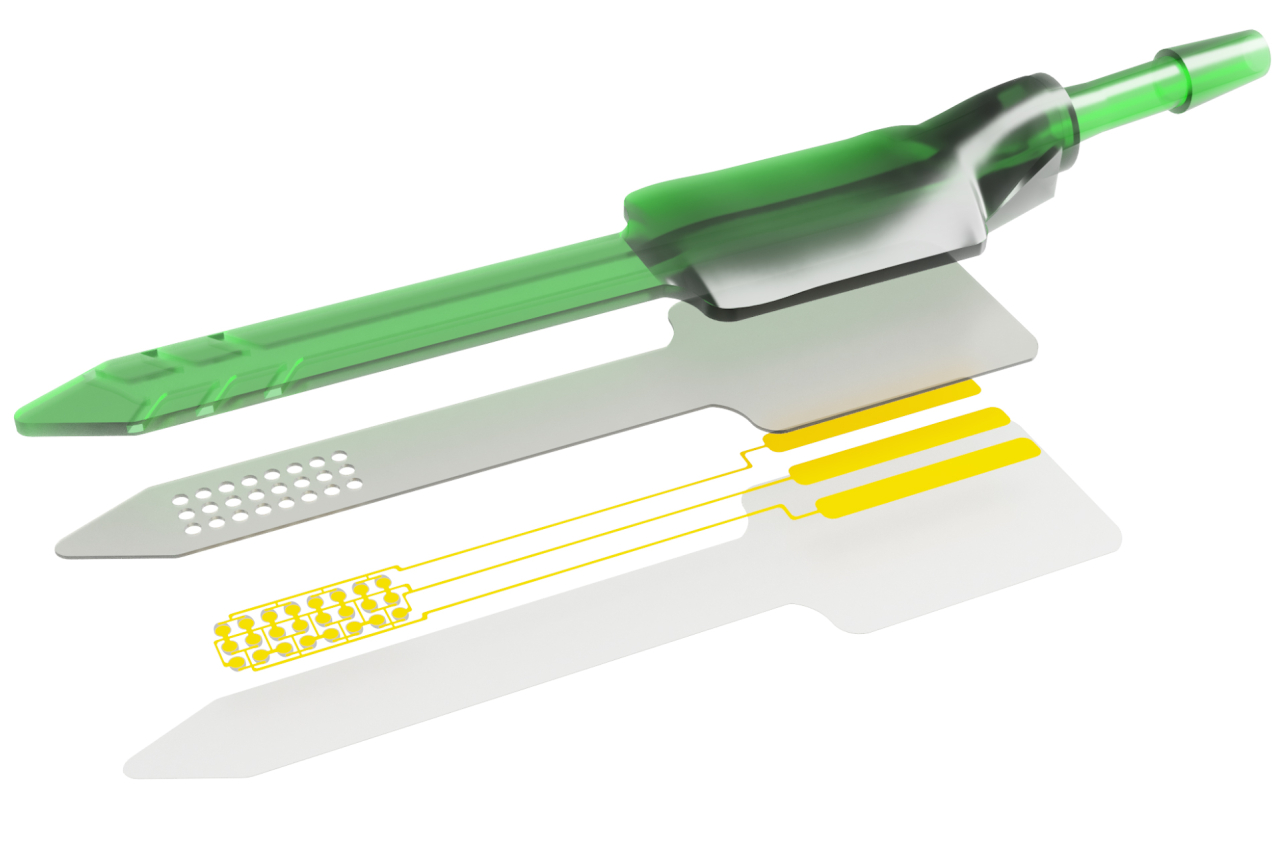 An illustration shows how LUCID combines a 3D-printed fluid-delivery channel with a layered miniature ultrasound array. This integrated structure brings ultrasound generation and local infusion together in a single device. Components are separated for illustration.