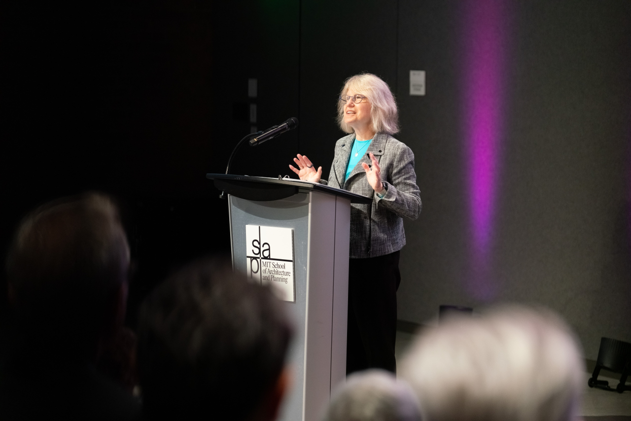 MIT President Sally Kornbluth speaking at the Metropolitan Storage Warehouse Dedication ceremony.