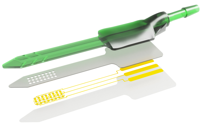 An illustration shows how LUCID combines a 3D-printed fluid-delivery channel with a layered miniature ultrasound array. This integrated structure brings ultrasound generation and local infusion together in a single device. Components are separated for illustration.