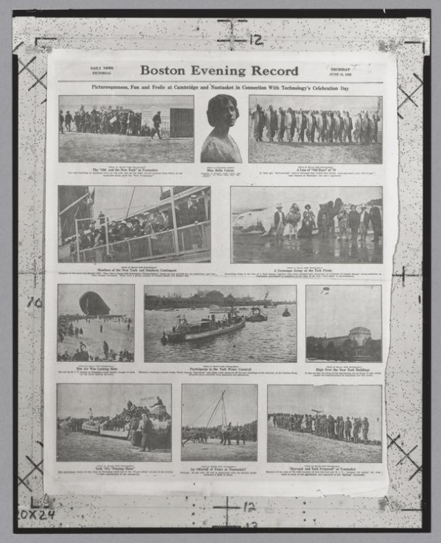 Photograph of a newspaper clipping of the Boston Evening Record Depicting the events of the 1916 Alumni Day.