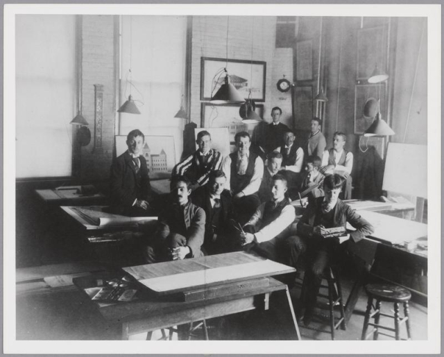 Group photo including Joseph Andrew Meyer, Jr. and Robert Robinson Taylor with students in MIT drafting room, 1891.